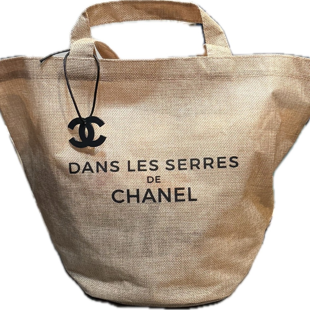 CHANEL Beige Jute Tote with Black Lettering
